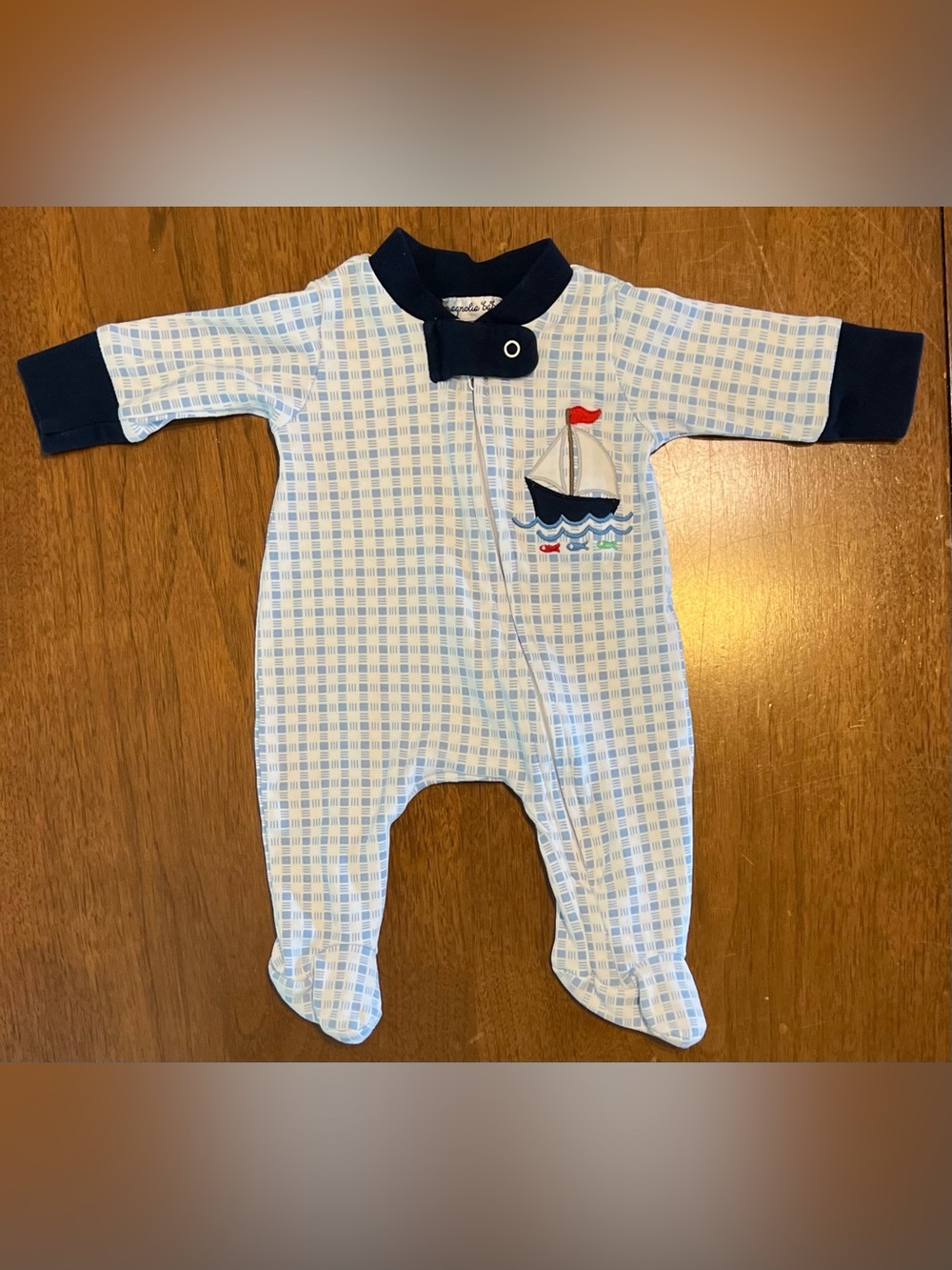 Magnolia Baby, Light Blue Checked Sailboat Appliqué Onesie,Size Premie